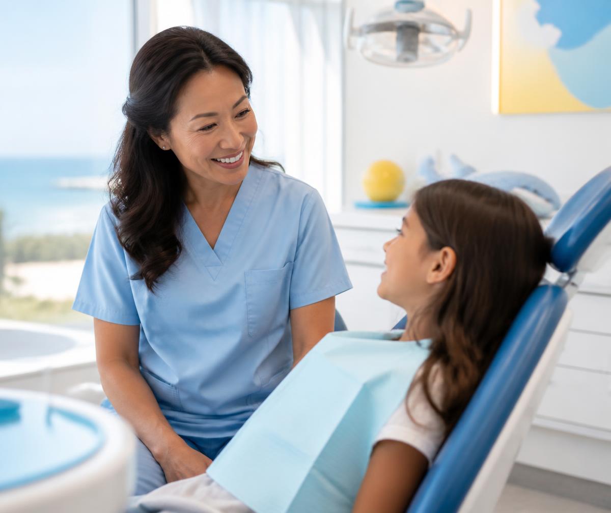 Dr. Jackie Do speaking warmly with a young patient